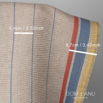 Poloľanová látka hnedastá waflová so žltými a červenými pásikmi, šírka 150cm
