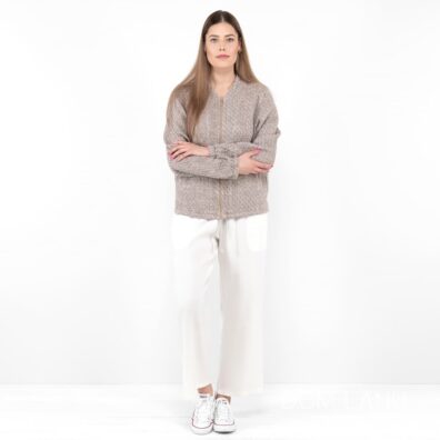 Ľanová hnedá bunda typu bomber, tkaná biela a hnedá priadza