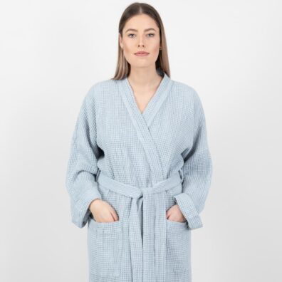 Poloľanový "vaflový" župan ľadovej farby s vreckami vpredu