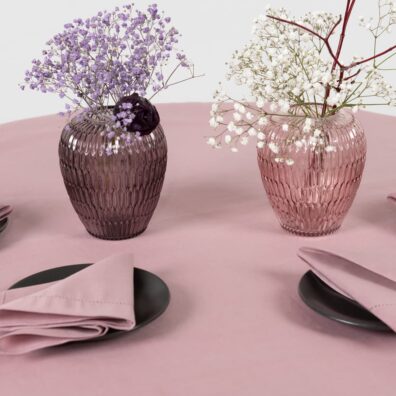 Ľanový okrúhly, oválny lila obrus s dutým stehom a obrúsky