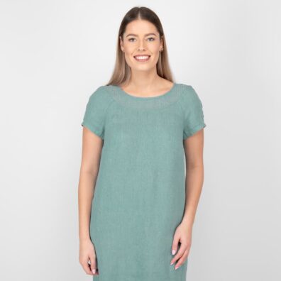 Ľanové zelenkavé šaty s krátkymi rukávmi