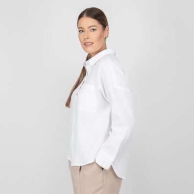 Ľanová biela blúzka so zadným dielom dlhším ako predný diel