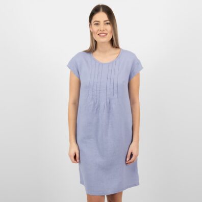Ľanové svetlomodré šaty s krátkymi rukávmi
