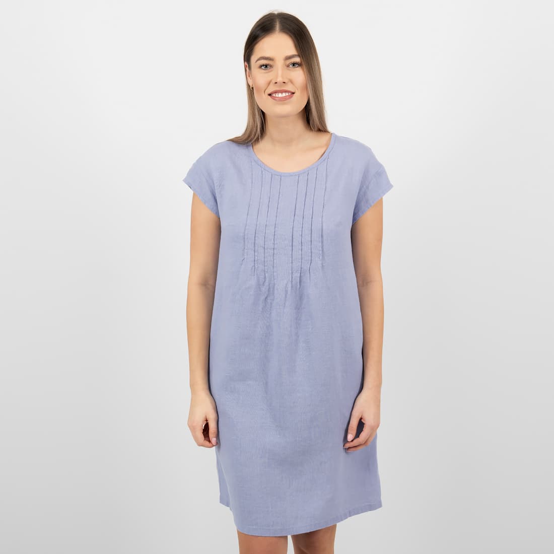 Ľanové svetlomodré šaty s krátkymi rukávmi