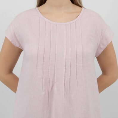 Ľanové ružové šaty s jemnými záhybmi vpredu