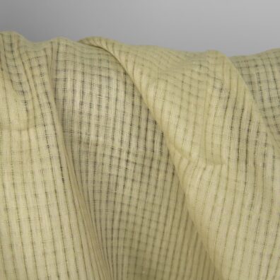 Ľanová látka zelenožltá s priehľadnými kockami na odevy, bytový textil